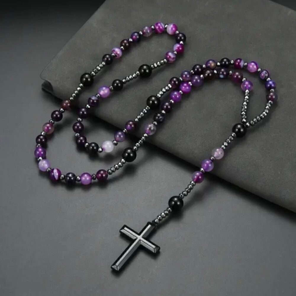 Amethyst Onyx Hematite Round Beaded Cross Pendant Rosary Necklace New